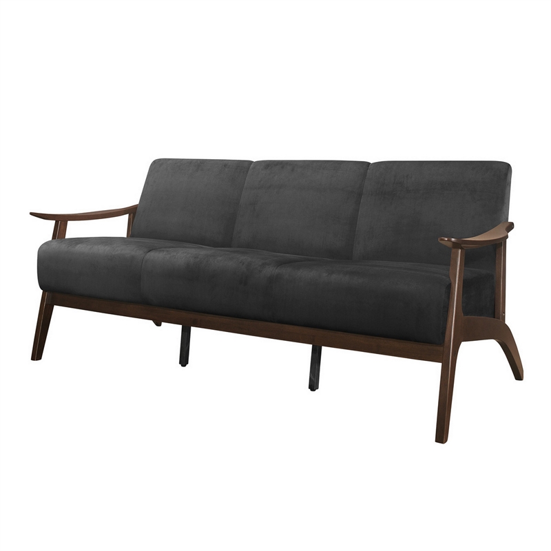 Rica 73 Inch Sofa- Soft Dark Gray Velvet- Walnut Brown Solid Rubberwood