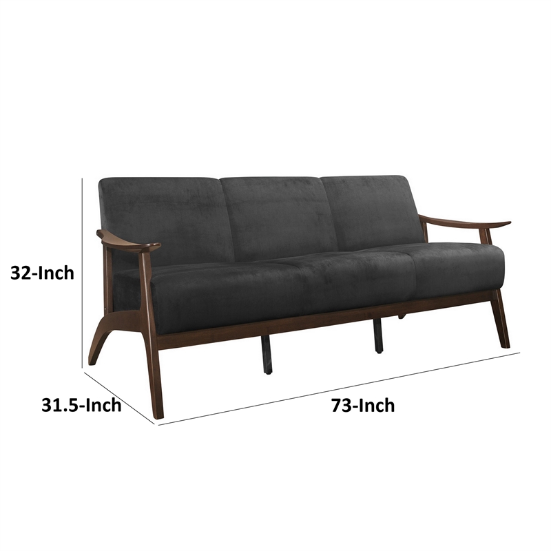Rica 73 Inch Sofa- Soft Dark Gray Velvet- Walnut Brown Solid Rubberwood