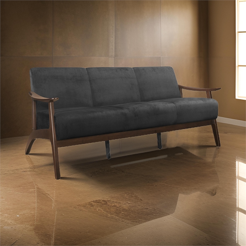 Rica 73 Inch Sofa- Soft Dark Gray Velvet- Walnut Brown Solid Rubberwood