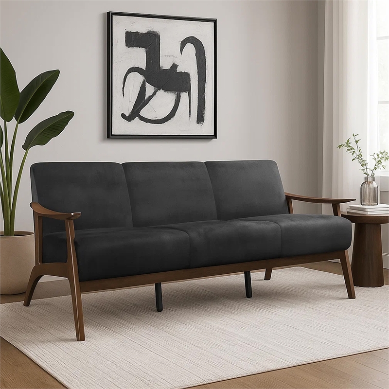 Rica 73 Inch Sofa- Soft Dark Gray Velvet- Walnut Brown Solid Rubberwood