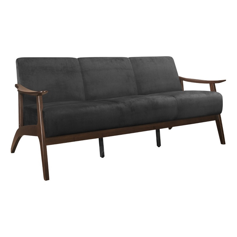 Rica 73 Inch Sofa- Soft Dark Gray Velvet- Walnut Brown Solid Rubberwood