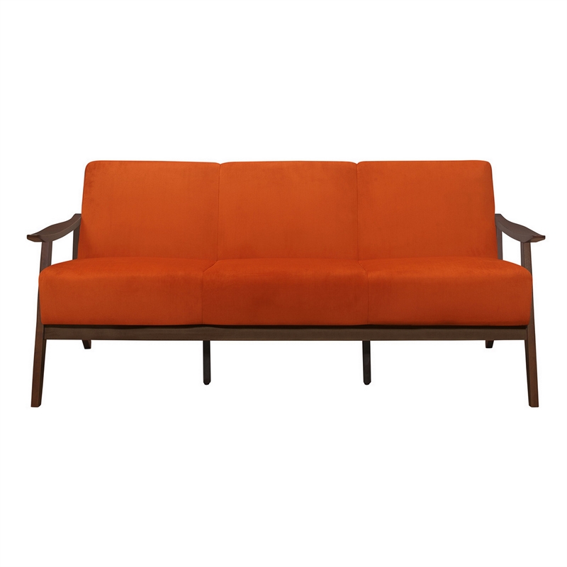 Rica 73 Inch Sofa- Soft Orange Velvet- Walnut Brown Solid Rubberwood