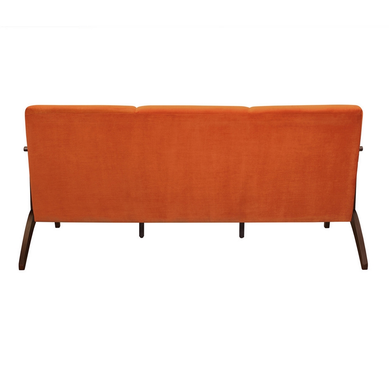 Rica 73 Inch Sofa- Soft Orange Velvet- Walnut Brown Solid Rubberwood