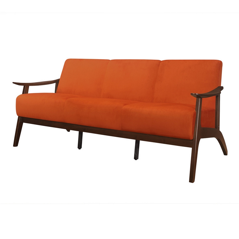 Rica 73 Inch Sofa- Soft Orange Velvet- Walnut Brown Solid Rubberwood