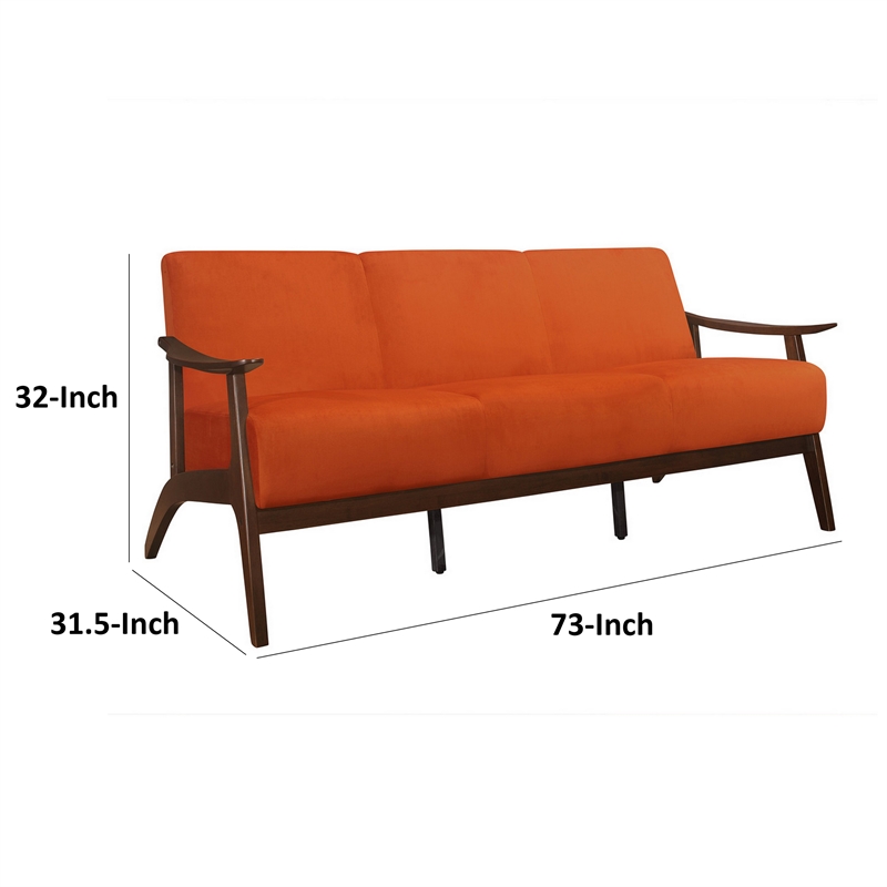 Rica 73 Inch Sofa- Soft Orange Velvet- Walnut Brown Solid Rubberwood