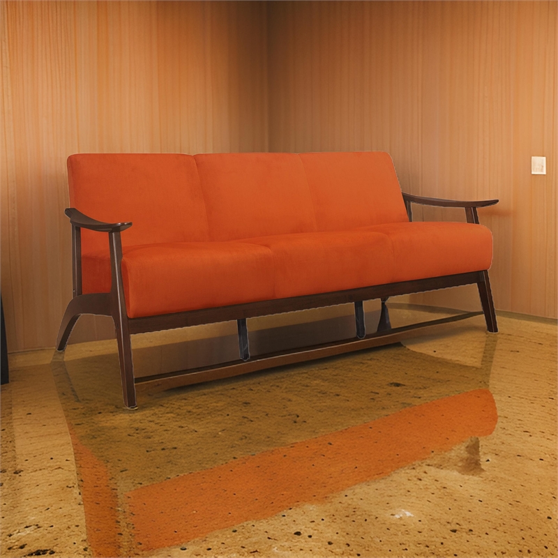 Rica 73 Inch Sofa- Soft Orange Velvet- Walnut Brown Solid Rubberwood
