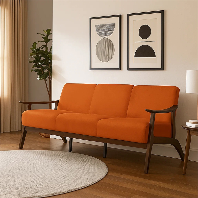 Rica 73 Inch Sofa- Soft Orange Velvet- Walnut Brown Solid Rubberwood