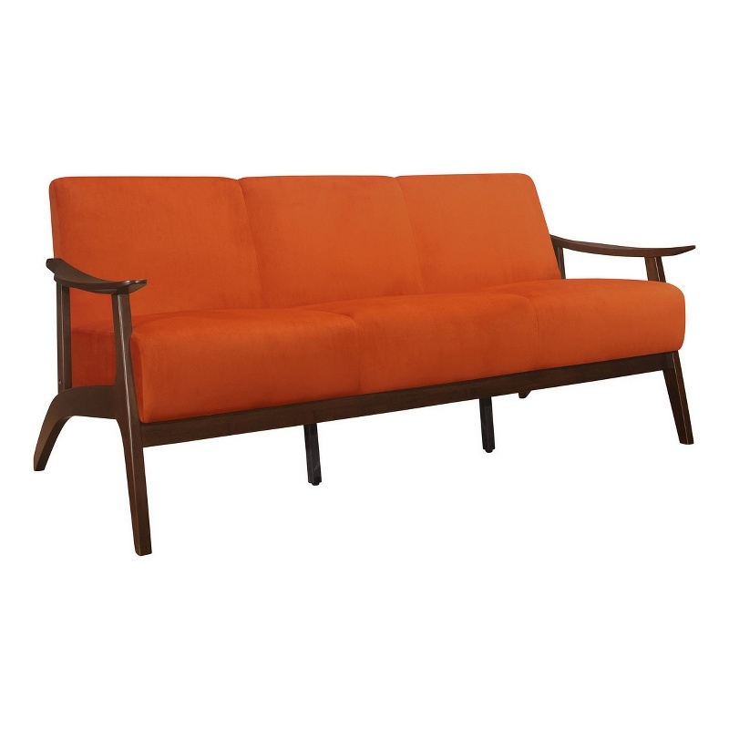 Rica 73 Inch Sofa- Soft Orange Velvet- Walnut Brown Solid Rubberwood