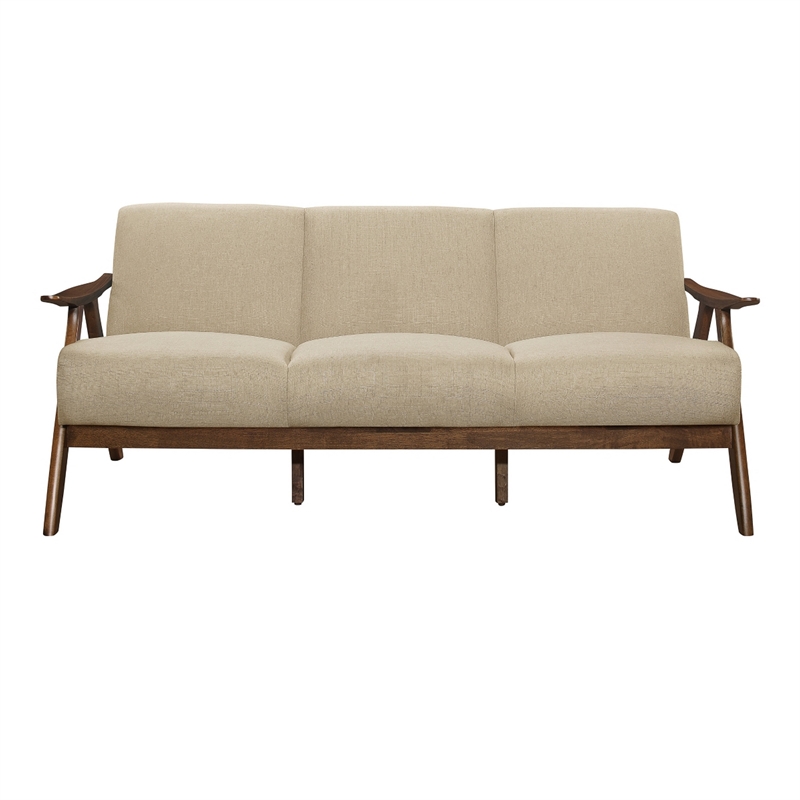 Indy 73 Inch Sofa- Brown Rubberwood Angled Frame- Textured Beige Fabric