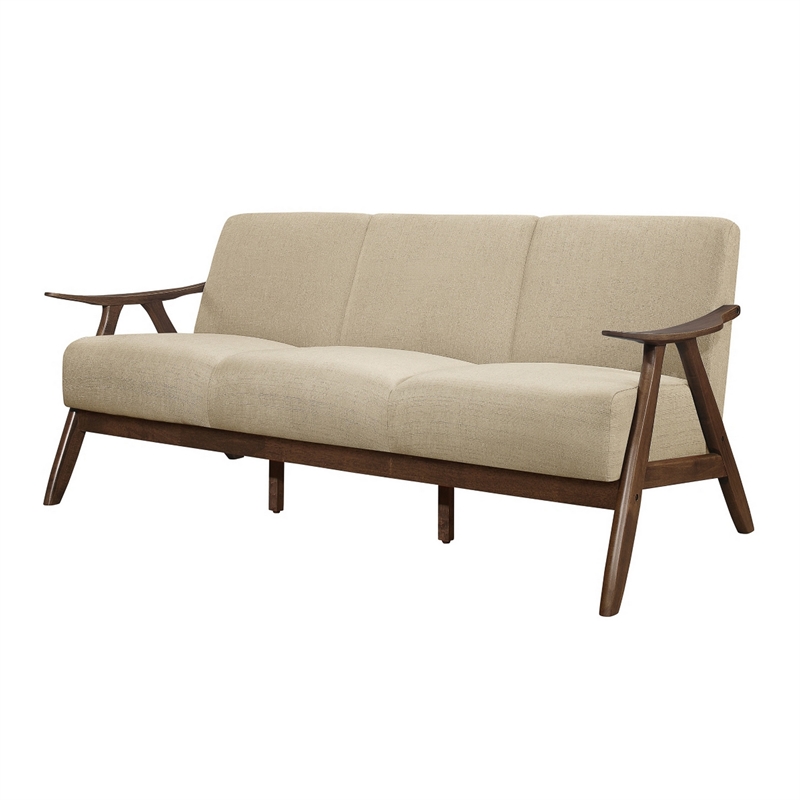 Indy 73 Inch Sofa- Brown Rubberwood Angled Frame- Textured Beige Fabric