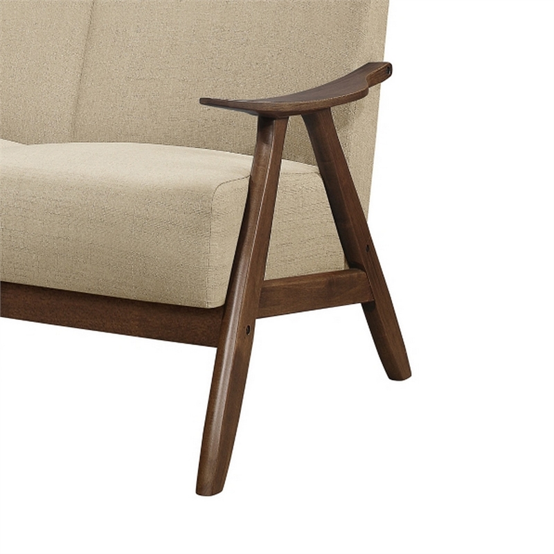 Indy 73 Inch Sofa- Brown Rubberwood Angled Frame- Textured Beige Fabric