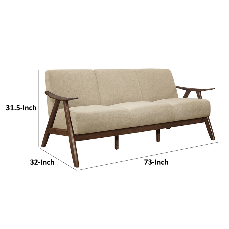 Indy 73 Inch Sofa- Brown Rubberwood Angled Frame- Textured Beige Fabric