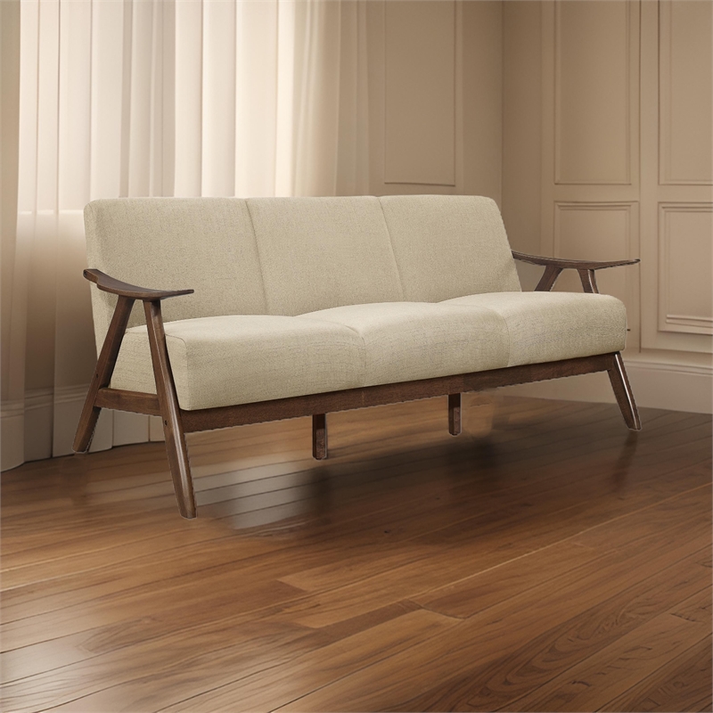 Indy 73 Inch Sofa- Brown Rubberwood Angled Frame- Textured Beige Fabric