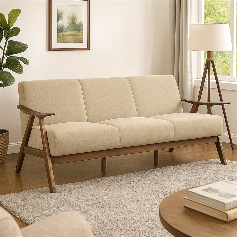 Indy 73 Inch Sofa- Brown Rubberwood Angled Frame- Textured Beige Fabric