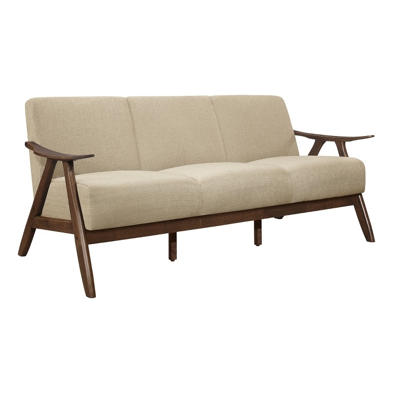 Indy 73 Inch Sofa- Brown Rubberwood Angled Frame- Textured Beige Fabric