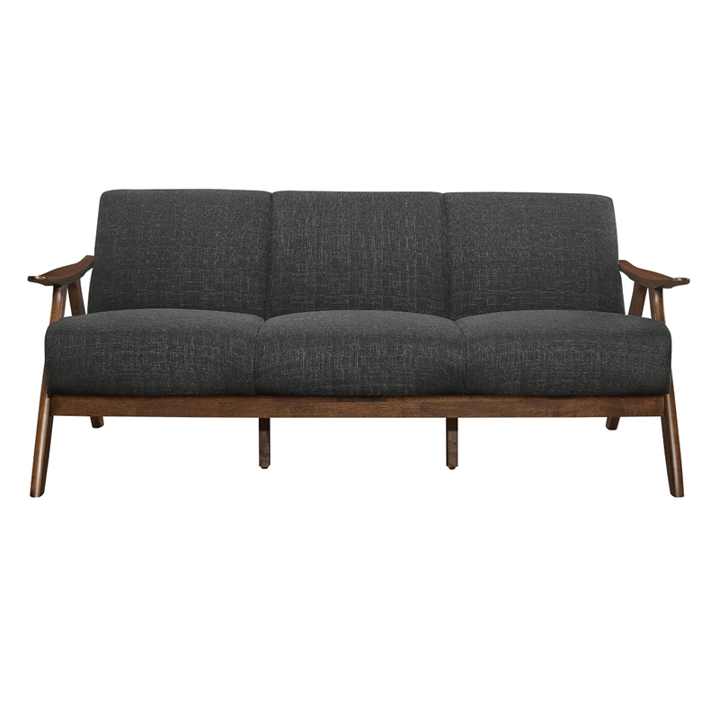 Indy 73 Inch Sofa- Brown Rubberwood Angled Frame- Textured Gray Fabric