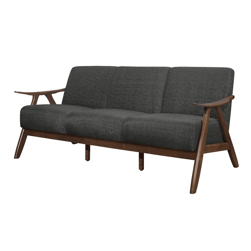 Indy 73 Inch Sofa- Brown Rubberwood Angled Frame- Textured Gray Fabric