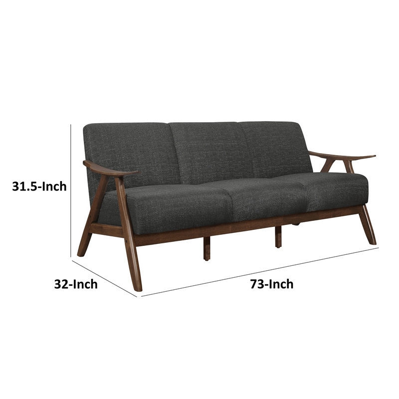 Indy 73 Inch Sofa- Brown Rubberwood Angled Frame- Textured Gray Fabric