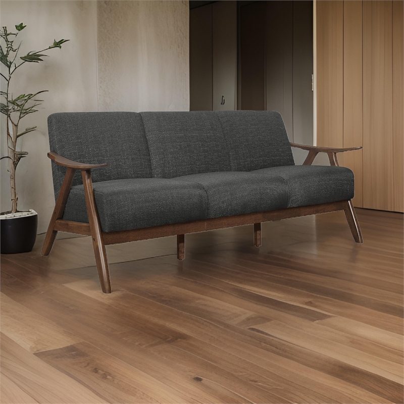 Indy 73 Inch Sofa- Brown Rubberwood Angled Frame- Textured Gray Fabric