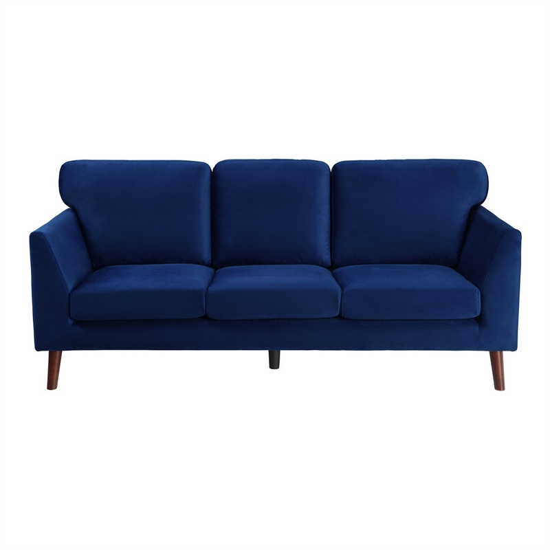Bard 81 Inch Sofa- Blue Velvet- Reversible Cushions- Dark Brown Solid Wood
