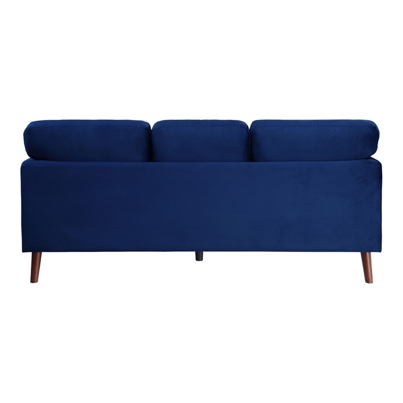 Bard 81 Inch Sofa- Blue Velvet- Reversible Cushions- Dark Brown Solid Wood