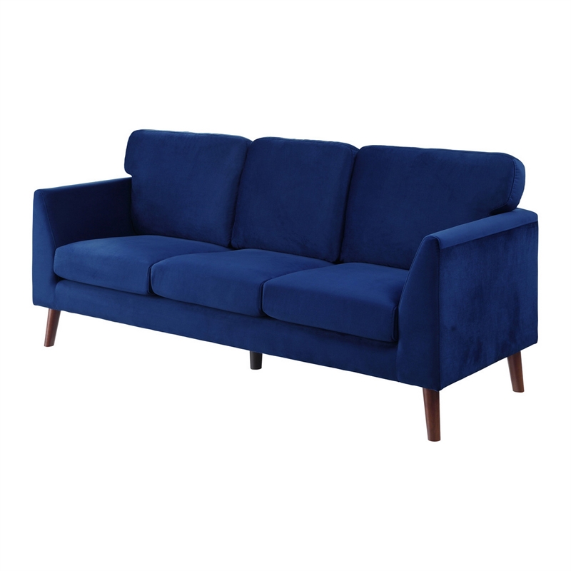 Bard 81 Inch Sofa- Blue Velvet- Reversible Cushions- Dark Brown Solid Wood