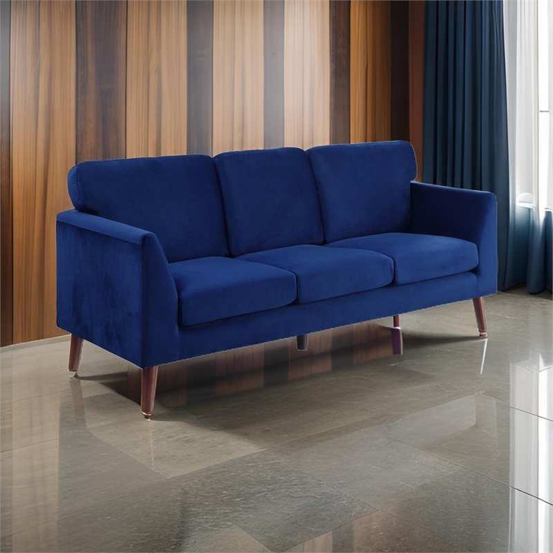 Bard 81 Inch Sofa- Blue Velvet- Reversible Cushions- Dark Brown Solid Wood