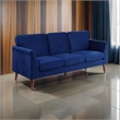 Bard 81 Inch Sofa- Blue Velvet- Reversible Cushions- Dark Brown Solid Wood