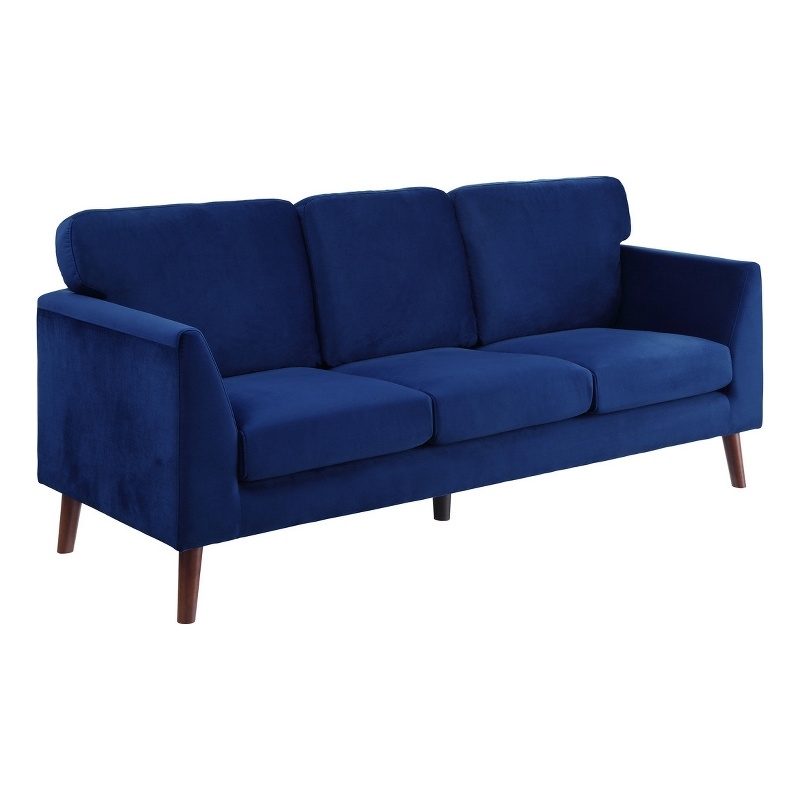 Bard 81 Inch Sofa- Blue Velvet- Reversible Cushions- Dark Brown Solid Wood