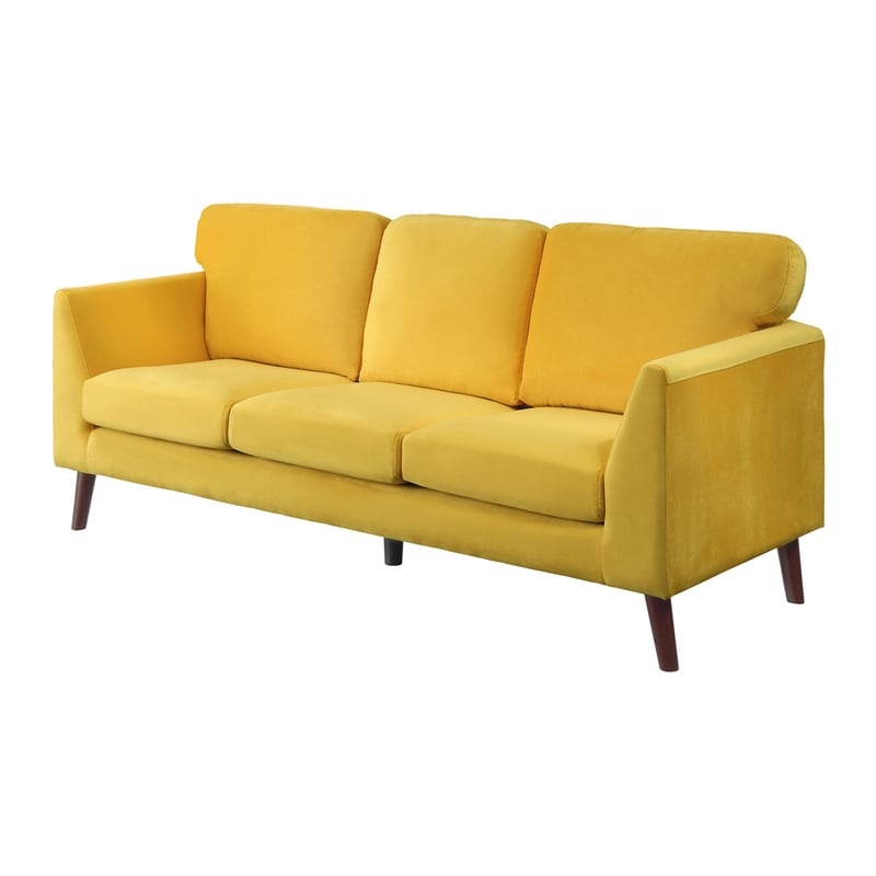 Bard 81 Inch Sofa- Yellow Velvet- Reversible Cushions- Dark Brown Wood