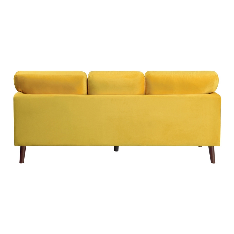 Bard 81 Inch Sofa- Yellow Velvet- Reversible Cushions- Dark Brown Wood