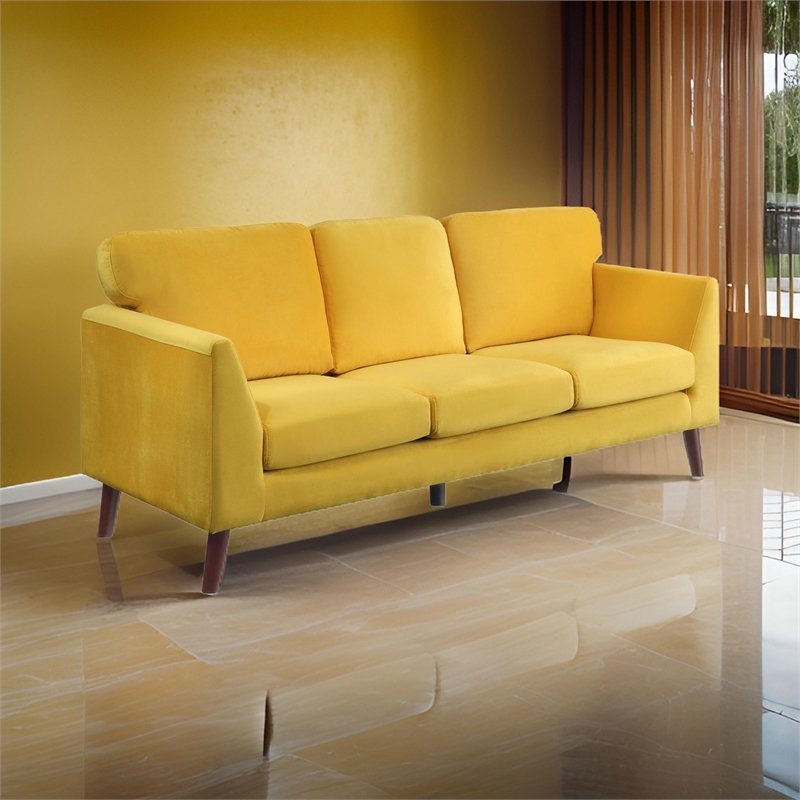 Bard 81 Inch Sofa- Yellow Velvet- Reversible Cushions- Dark Brown Wood