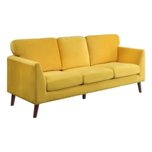 Bard 81 Inch Sofa- Yellow Velvet- Reversible Cushions- Dark Brown Wood