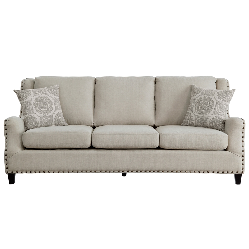 Mike 84 Inch Sofa- Beige- 2 Pillows- Reversible Cushions- Solid Wood