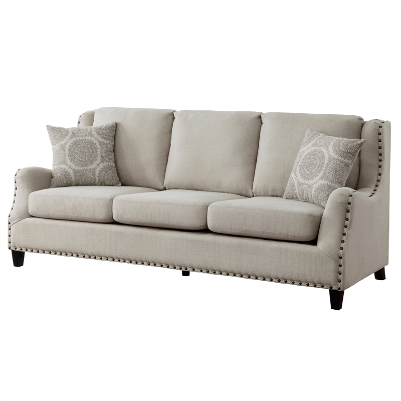 Mike 84 Inch Sofa- Beige- 2 Pillows- Reversible Cushions- Solid Wood