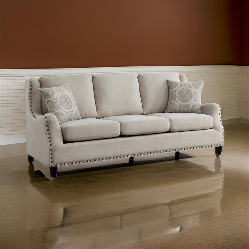 Mike 84 Inch Sofa- Beige- 2 Pillows- Reversible Cushions- Solid Wood