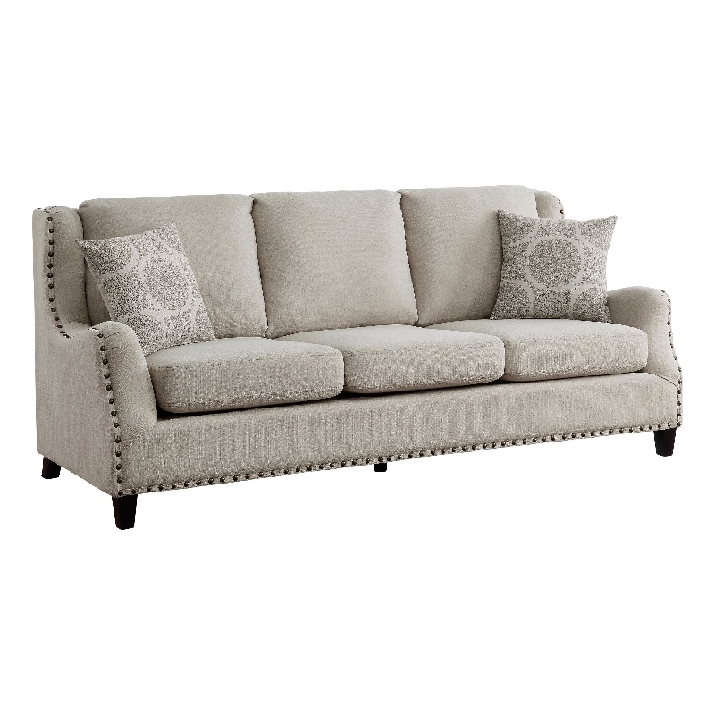 Mike 84 Inch Sofa- Beige- 2 Pillows- Reversible Cushions- Solid Wood