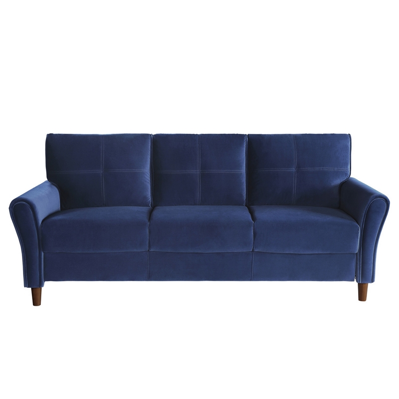 Sarah 80 Inch Sofa- Blue Velvet- Stitch Tufting- Reversible Cushions