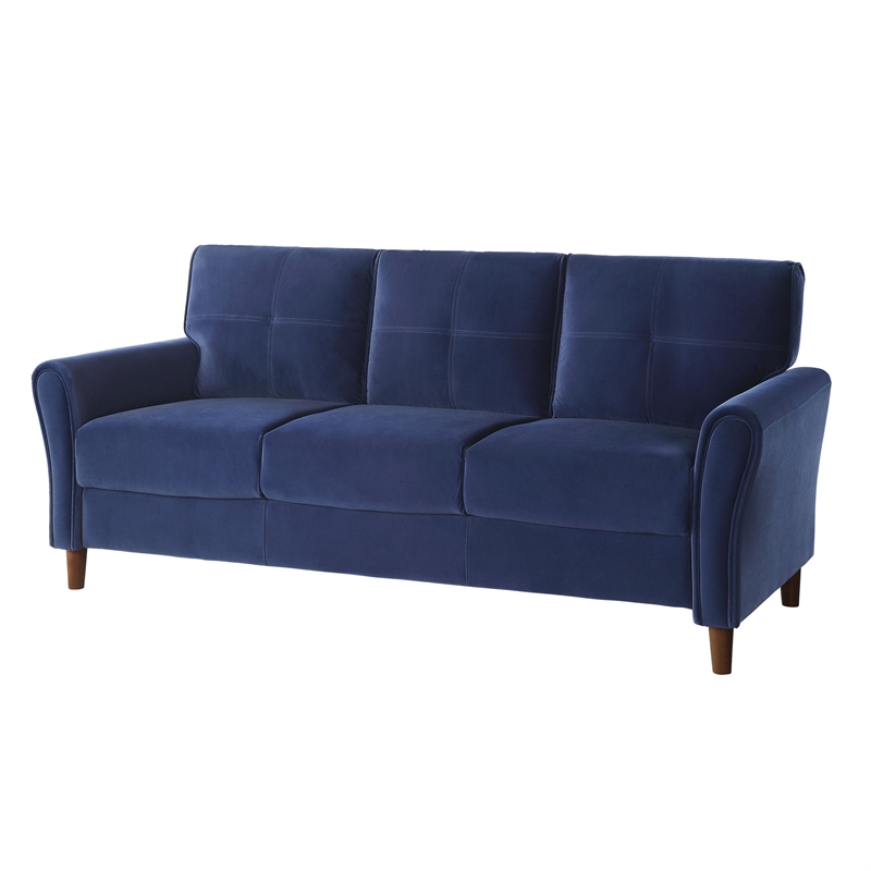 Sarah 80 Inch Sofa- Blue Velvet- Stitch Tufting- Reversible Cushions