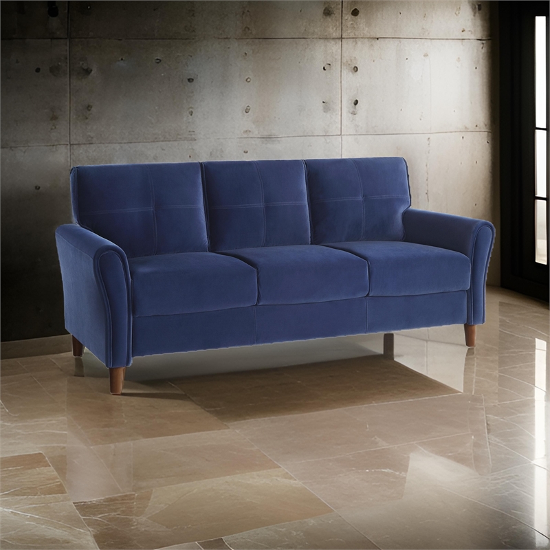Sarah 80 Inch Sofa- Blue Velvet- Stitch Tufting- Reversible Cushions