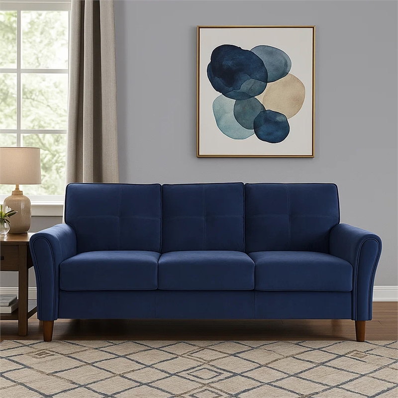 Sarah 80 Inch Sofa- Blue Velvet- Stitch Tufting- Reversible Cushions
