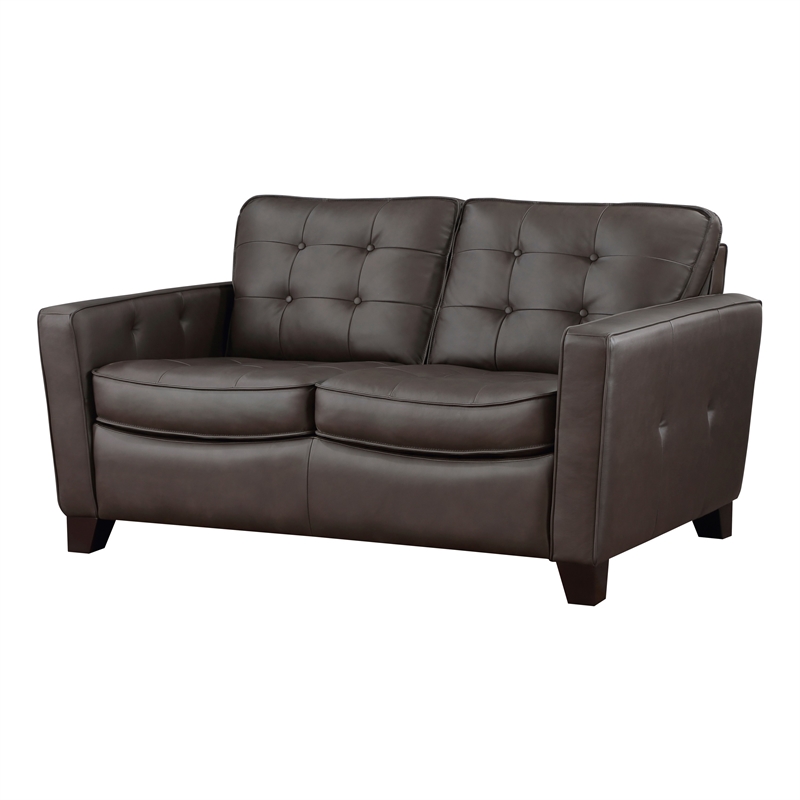 Erin 62 Inch Loveseat- Brown Leather- Stitch Tufting- Cushions- Solid Wood