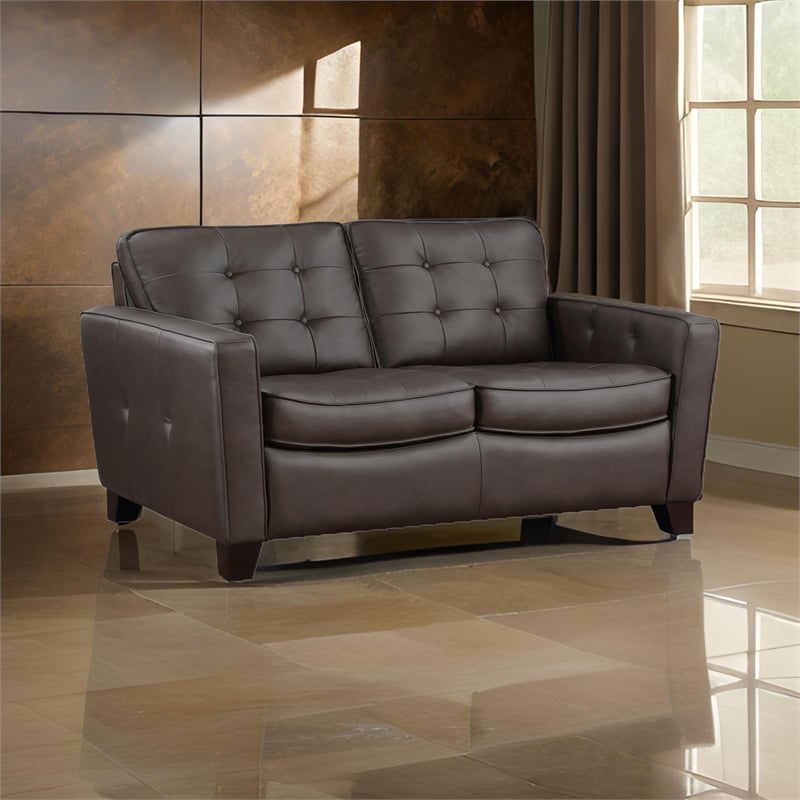 Erin 62 Inch Loveseat- Brown Leather- Stitch Tufting- Cushions- Solid Wood