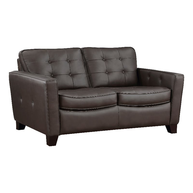 Erin 62 Inch Loveseat- Brown Leather- Stitch Tufting- Cushions- Solid Wood