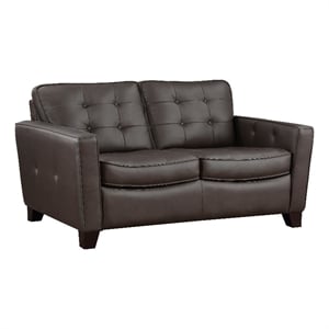 Erin 62 Inch Loveseat- Brown Leather- Stitch Tufting- Cushions- Solid Wood