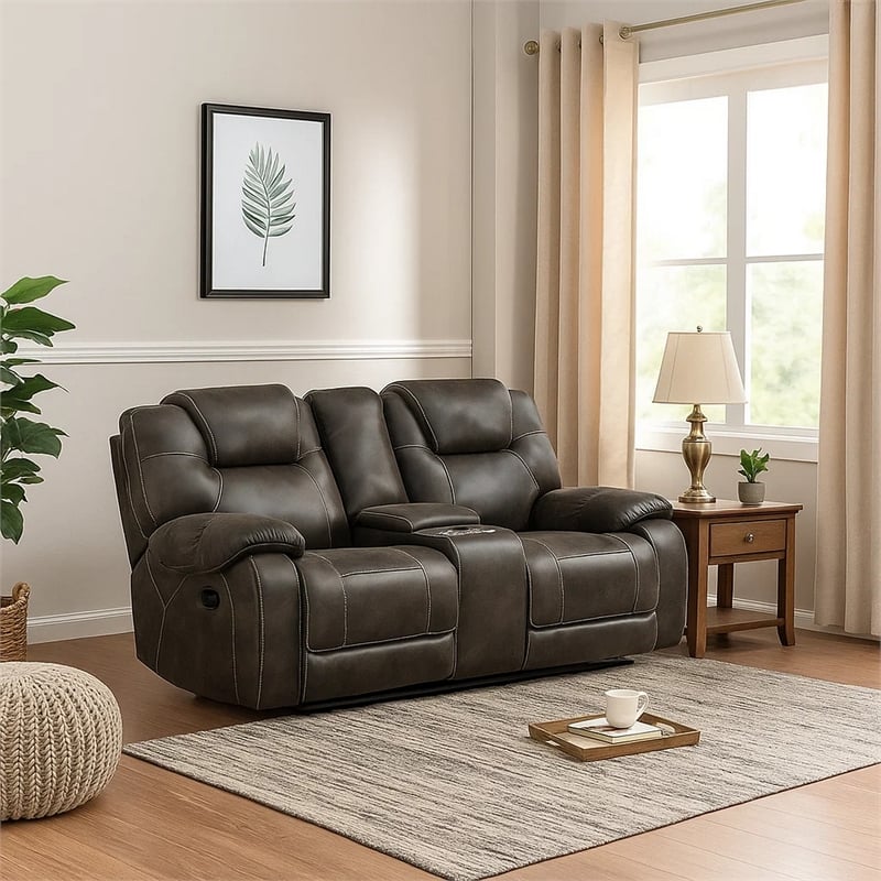 Lily 75 Inch Double Manual Recliner Loveseat- Cupholders- Brown Microfiber