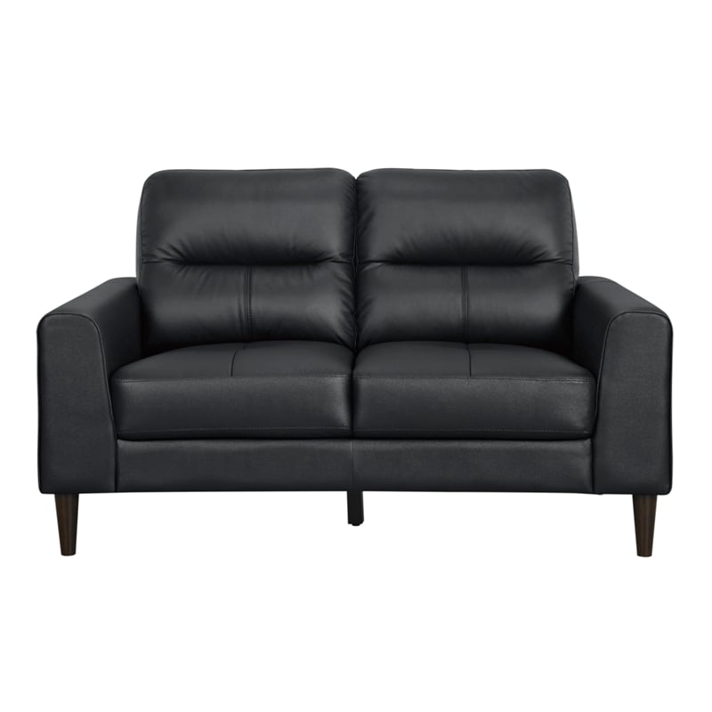 Willow 56 Inch Loveseat- Black Top Grain and Faux Leather- Solid Wood