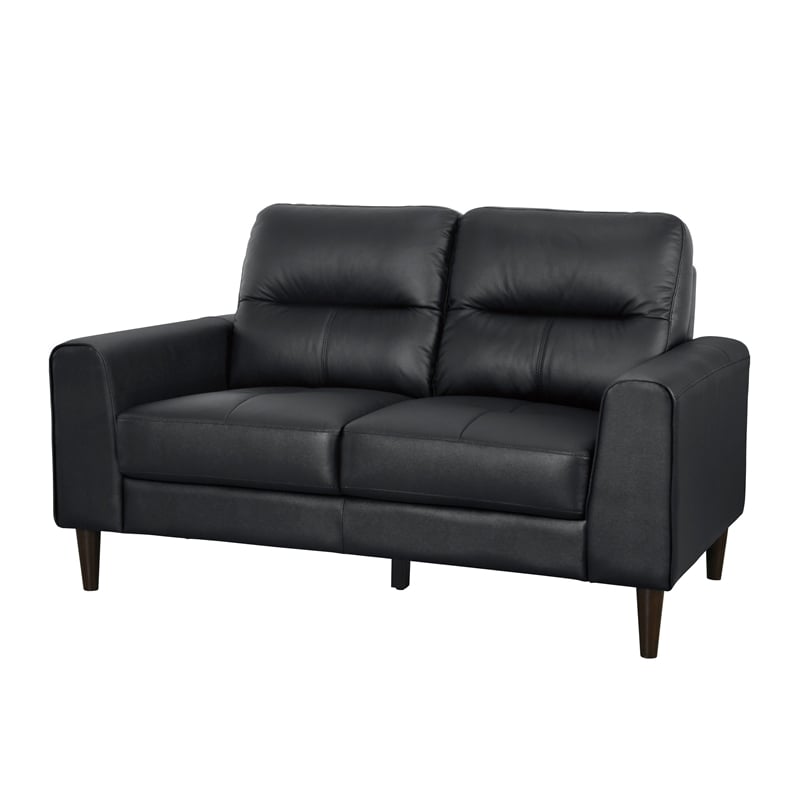 Willow 56 Inch Loveseat- Black Top Grain and Faux Leather- Solid Wood