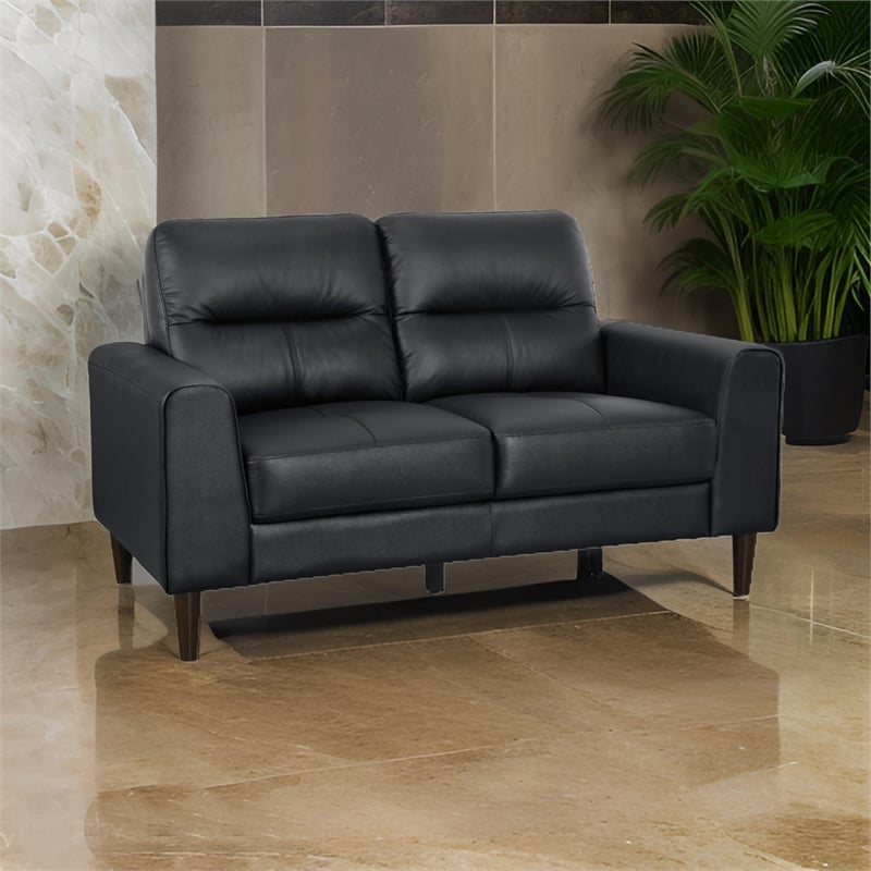 Willow 56 Inch Loveseat- Black Top Grain and Faux Leather- Solid Wood