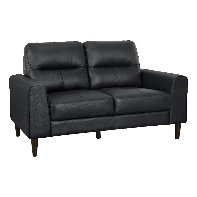 Willow 56 Inch Loveseat- Black Top Grain and Faux Leather- Solid Wood